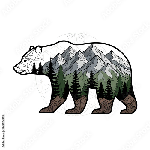 Geometric Bear Silhouette Filled with a Majestic Mountain Landscape and Pine Forest Scene