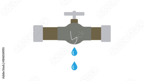 Leaking pipe with water drops isolated on white background