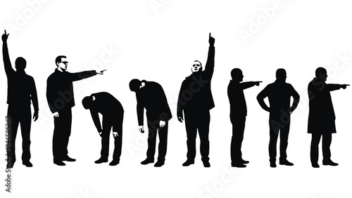 Silhouettes of people pointing and reacting in various poses