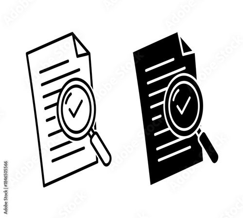 Detailed examination of a document with a magnifying glass illustrated in both outline and solid black styles