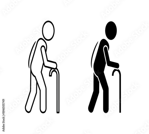 Two stylized human figures one outlined and one solid black both depicted using walking canes for support