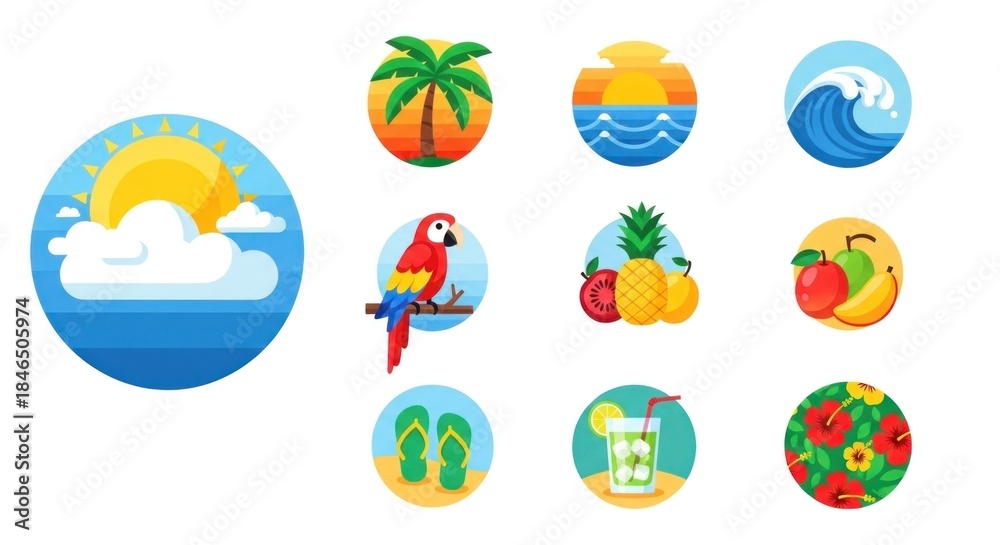 Fototapeta premium A colorful summer icon set with tropical elements, including palm trees, waves, and fruits.