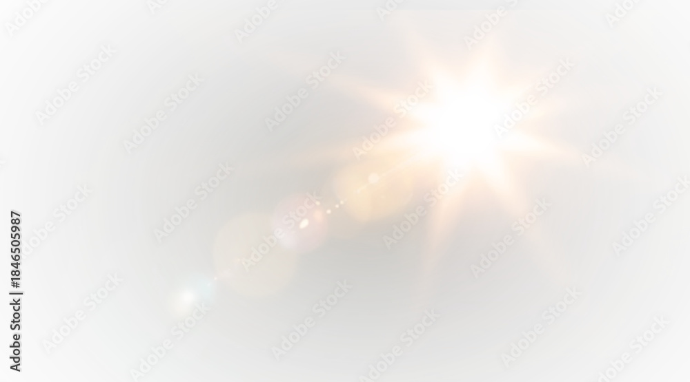 Fototapeta premium Yellow star flashed with sparkles sun isolated on white background. Soft glow without departing rays, sunlight with lens flare effect. PNG vector light effect. 
