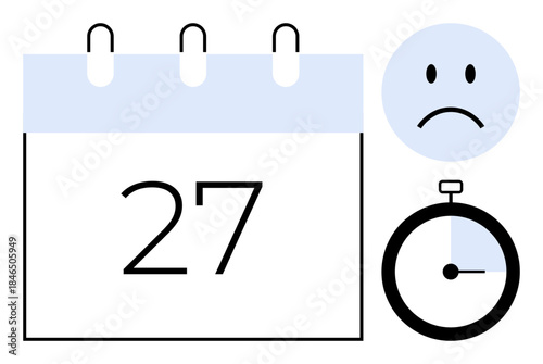 Deadline missed concept. Calendar with date, sad face, and stopwatch reflecting time constraints and scheduling challenges. Deadline management, time stress, and productivity struggles. For office