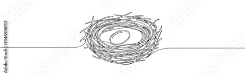 Continuous one line drawing of a bird nest. Vector illustration of a natural twig home with an egg isolated on white background. Minimalist wildlife concept