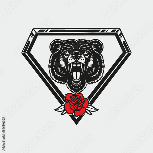 Roaring bear head inside a geometric shield with a bright red rose—powerful symbol of strength and pride.