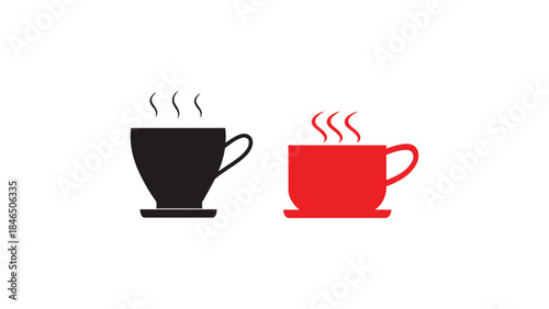 Three steaming coffee cups in black, red, and white