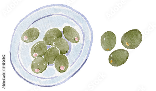 Fotografía Whimsical watercolor plate with green olives and a few loose olives beside it