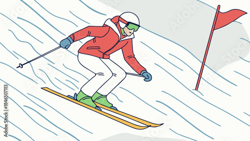 Skier in action navigating through snowy slope with flag