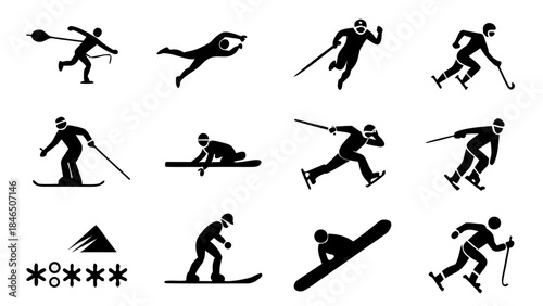 Professional skiers in action with various poses and equipment