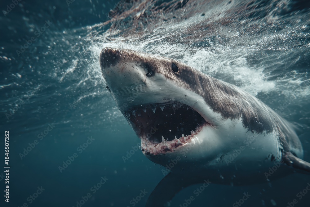 Fototapeta premium Great white shark lunges forward with mouth wide open in murky ocean waters, showcasing powerful jaw and predatory instincts during an underwater encounter