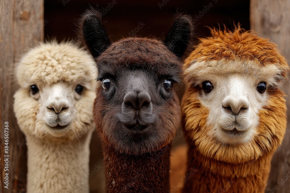 Fototapeta premium Rescued alpaca stands with sheep and llama in a pastoral setting, showcasing their distinct features and friendly demeanor