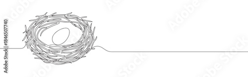 Continuous one line drawing of a bird nest. Vector illustration of a natural twig home with an egg isolated on white background. Minimalist wildlife concept