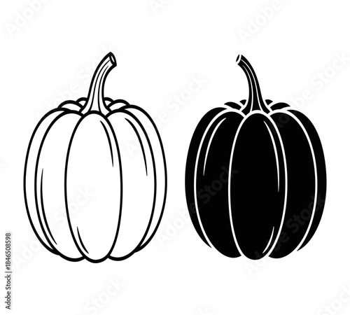 A simple black and white illustration depicts two pumpkins with distinct shading styles showcasing a contrasting design