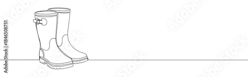 Continuous one line drawing of rubber boots. Vector illustration of rain wellies or gardening footwear isolated on white background. Minimalist autumn concept