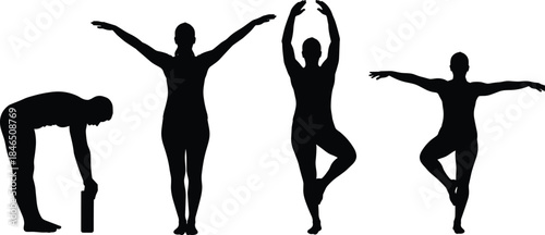 Yoga silhouettes set, four female figures demonstrating forward fold, mountain pose, yoga tree variations, balance and stretching vector illustrations for wellness