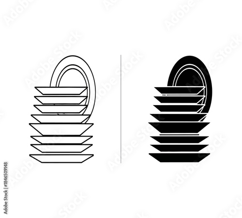 A minimalist illustration showcasing two stacks of plates one light and one dark separated by a vertical line