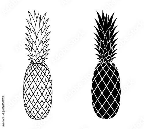 A striking black and white illustration showcases two detailed pineapple depictions one light and one dark