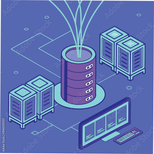 Isometric server room with data flow and computer terminal technology network
