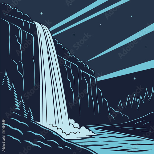 Majestic Waterfall Cascading into a River with Forest and Night Sky Keywords: waterfall, cascade, river, water, nature, landscape, scenic