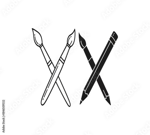 A simple black and white illustration depicting crossed paintbrushes and a pencil symbolizing art and creativity