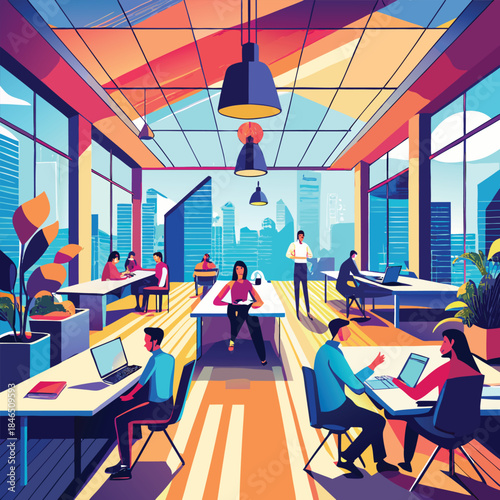 Modern open-plan office interior with diverse people working at desks and city skyline view Keywords: office, business, teamwork, collaboration