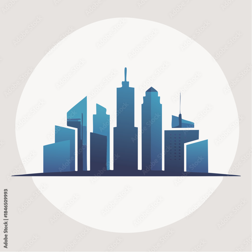 Fototapeta premium Modern city skyline with various blue toned skyscrapers in a circular frame.