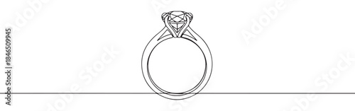 Continuous one line drawing of a diamond ring. Vector illustration of wedding or engagement jewelry isolated on white background. Minimalist love concept