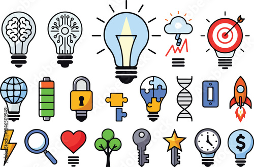 Innovation Lightbulb Icons, Brain, Circuit, Tech Idea and Creativity Vector Set