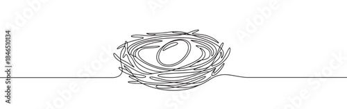 Continuous one line drawing of a bird nest. Vector illustration of a natural twig home with an egg isolated on white background. Minimalist wildlife concept