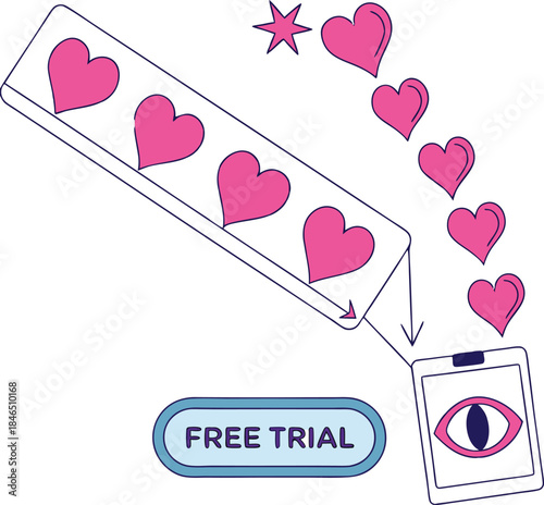 Pink hearts flowing from a tube onto a smartphone with an eye love free trial