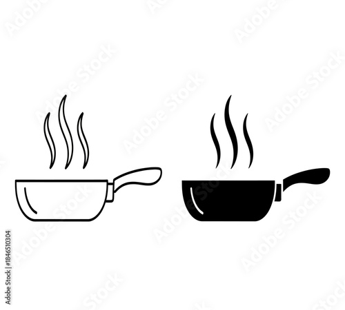 Two frying pans one outlined and one filled both emitting rising steam depict cooking and kitchen related concepts