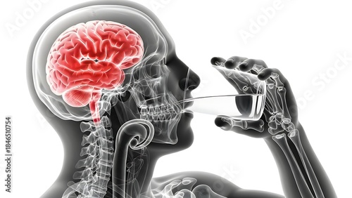 Xray illustration of human brain drinking from a glass