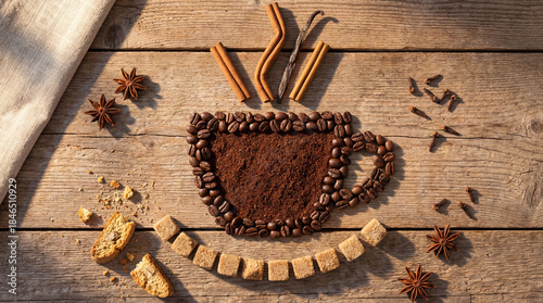 Coffee cup shape made of roasted beans with cinnamon steam on wood