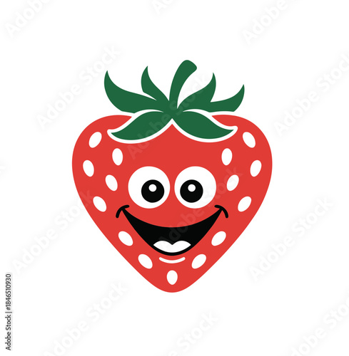 A cute and surprised red strawberry character with wide eyes and rosy cheeks in a fun and simple cartoon vector illustration.
