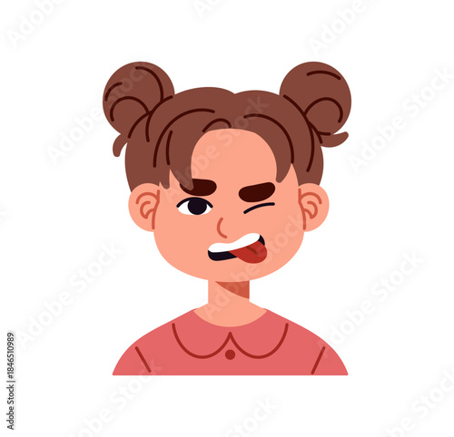 Avatar of disgusted little girl. Dissatisfied kid with sticking tongue hates smth. Child with dislike expression feels puke, shows yuck reaction on face. Flat isolated vector illustration on white