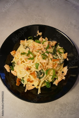 A delicious looking salmon pasta