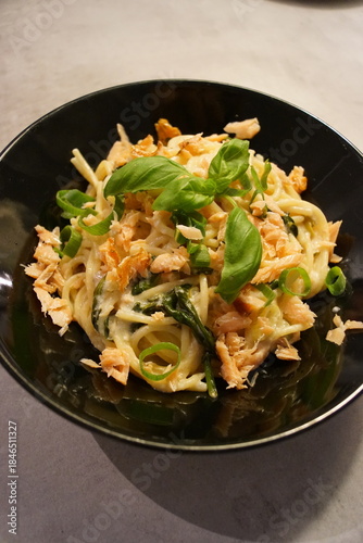 A delicious looking salmon pasta