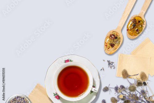 Herbal Tea Flat lay With Dried Flowers Honey And Vintage Cup. Concept Of Healthy Lifestyle Holistic Wellness Natural Remedies Organic Nutrition And Visuals For Eco Friendly Food Branding