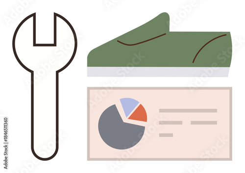 Wrench, sneaker, and analytics chart representing repair, customization, performance metrics, and innovation. Ideal for business, sports, industry technology repairs creativity and solutions