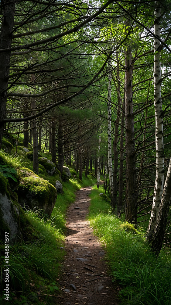 Obraz premium Forest path surrounded by green trees and nature