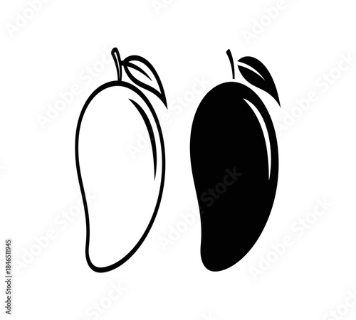 A simple illustration depicts two mangoes one white and one black showcasing a contrasting fruit design