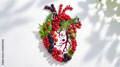 Anatomical heart shape made of fresh red berries and green leaves