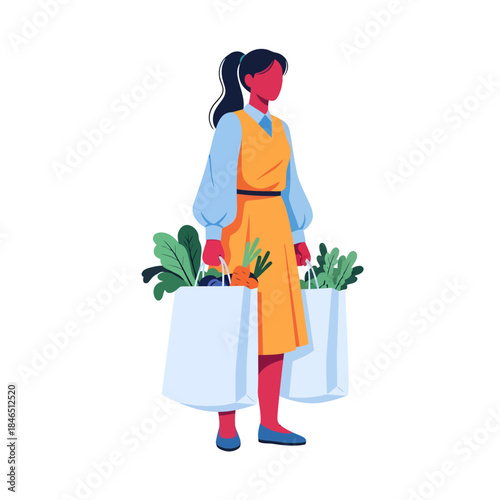 Dressed in a yellow pinafore over a blue blouse, a stylized woman holds two white grocery bags overflowing with fresh carrots and leafy greens in this modern vector illustration