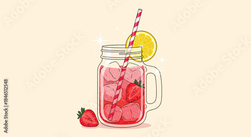 Refreshing pink lemonade in a mason jar filled with ice and strawberries accented by a lemon slice and a striped straw on a soft peach background.
