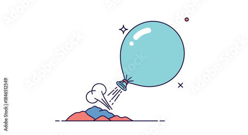 Playful illustration shows a large blue balloon lifting a small figure above colorful mountains as it rises toward the open sky.