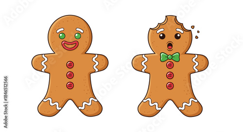 Two cheerful gingerbread cookies with icing decorations and buttons stand side by side one wearing a green bow tie and the other smiling warmly.