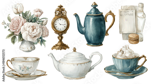 Watercolor collage of floral antique tea time items, vintage crockery and blooms