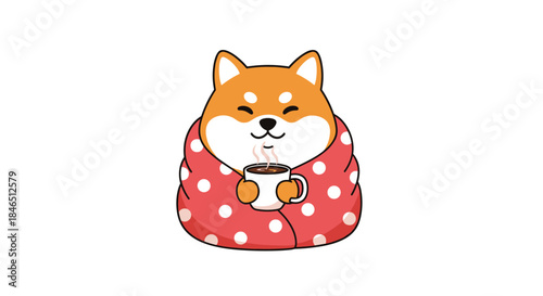 Cozy shiba inu wrapped in a red polka dot blanket sipping a warm cup of tea with a happy calm expression while enjoying a quiet cozy moment at home.