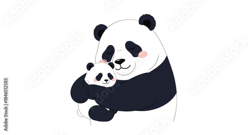 Panda mother embraces her playful cub in a tender hug showing warmth and protection as soft pink cheeks highlight the gentle moment of bond and care.